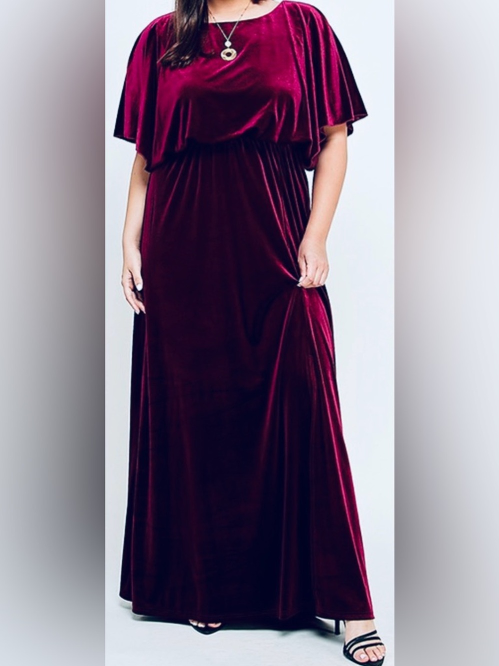 Plus Size Velvet Maxi Dress in Deep Burgundy